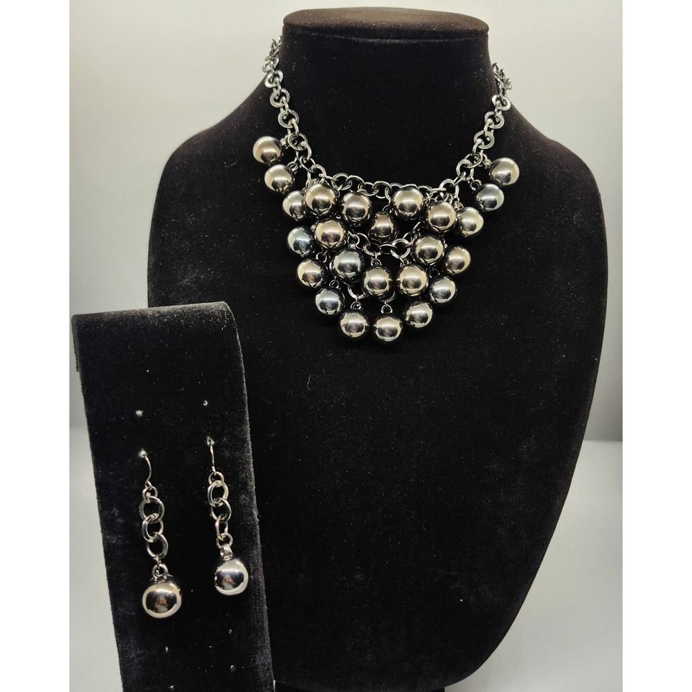 Statement Bib Necklace Earring Set 2PC Gunmetal Silver Tone Beads Dangle